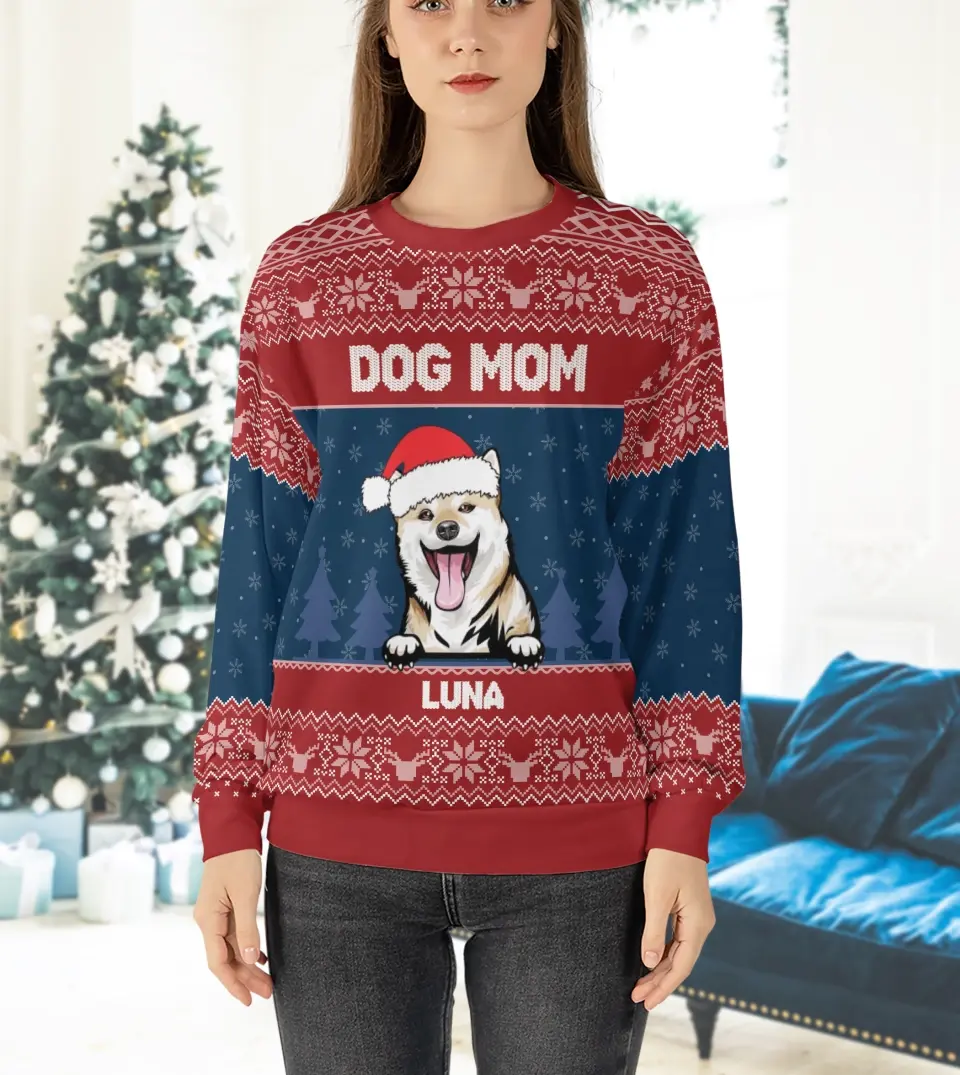 Dog Mom Dog Dad - Personalized Custom Unisex Ugly Christmas Sweatshirt For Dog Owners
