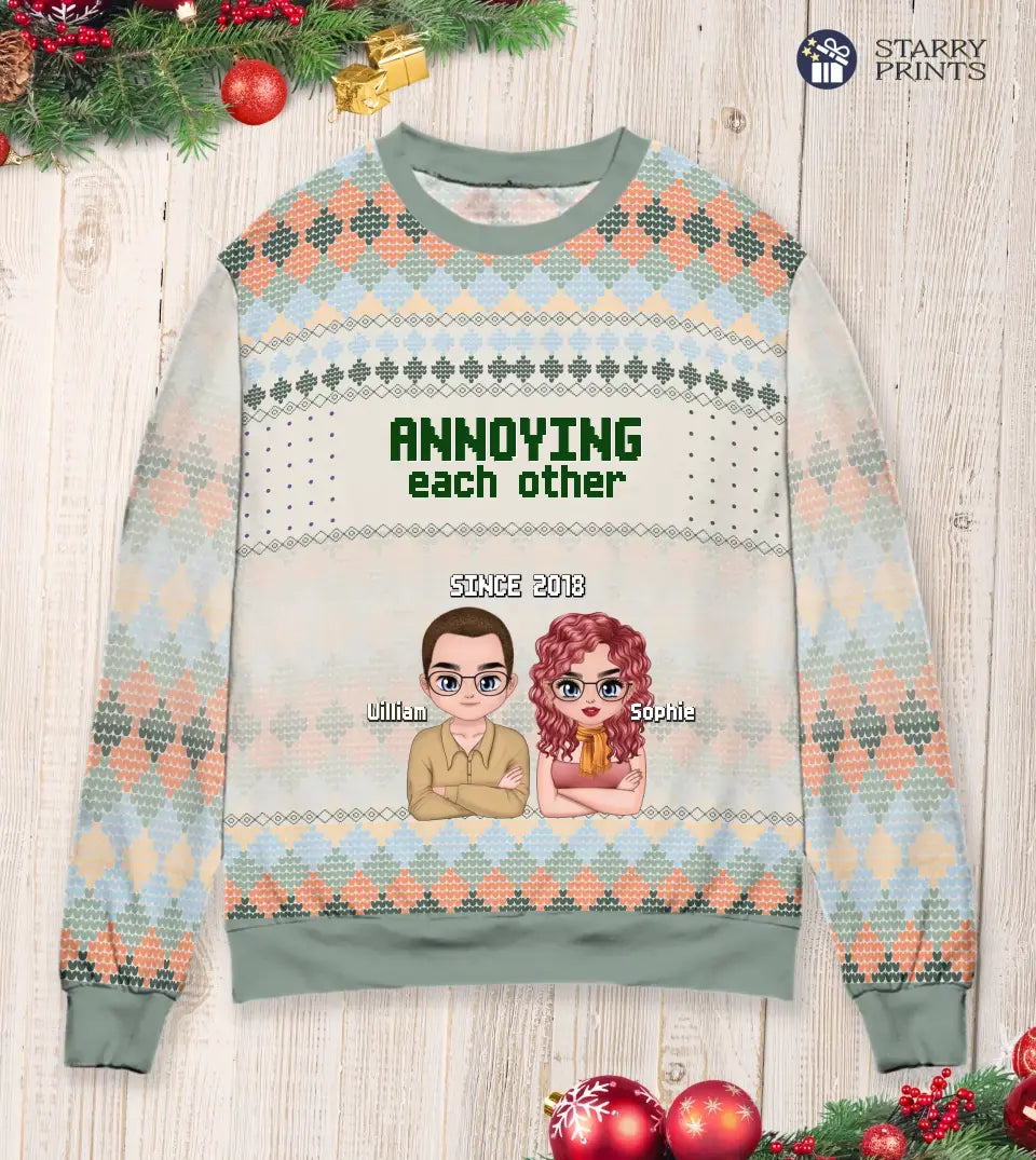Annoying Each Other Since - Personalized Couple Ugly Christmas Sweatshirt Sage Green