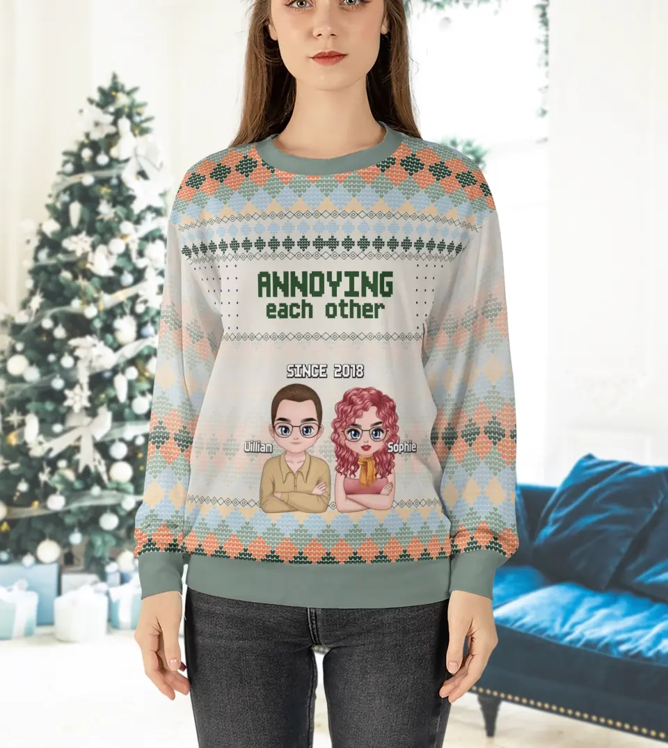 Annoying Each Other Since - Personalized Couple Ugly Christmas Sweatshirt Sage Green