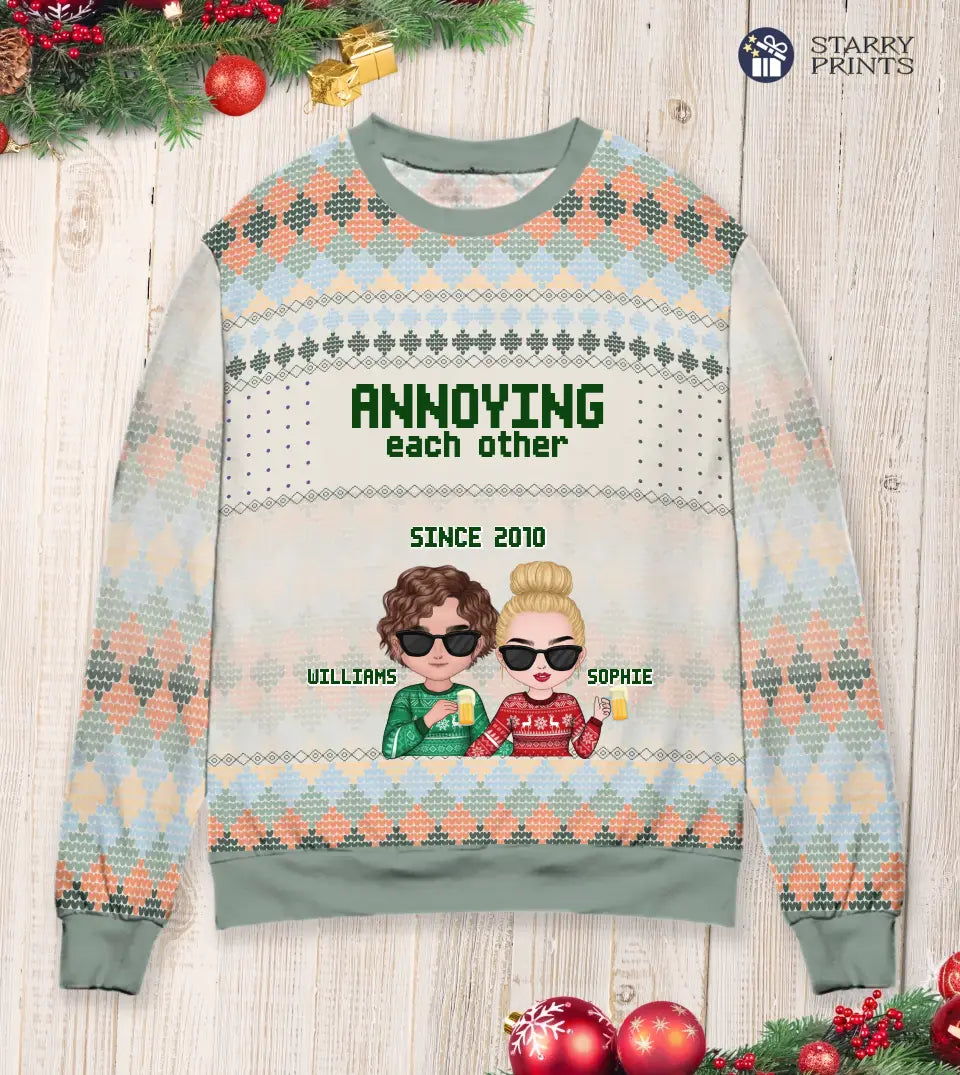 Annoying Each Other Since - Funny Personalized Couple Ugly Christmas Sweatshirt Sage Green