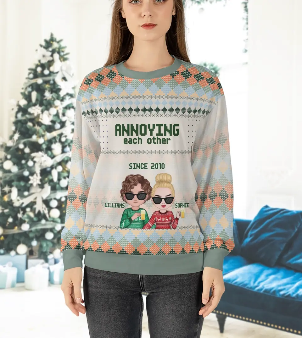 Annoying Each Other Since - Funny Personalized Couple Ugly Christmas Sweatshirt Sage Green