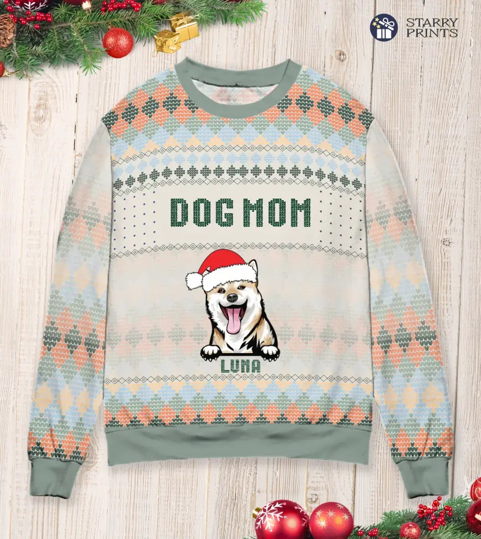Dog Mom Dog Dad - Personalized Custom Unisex Ugly Christmas Sweatshirt For Dog Owners