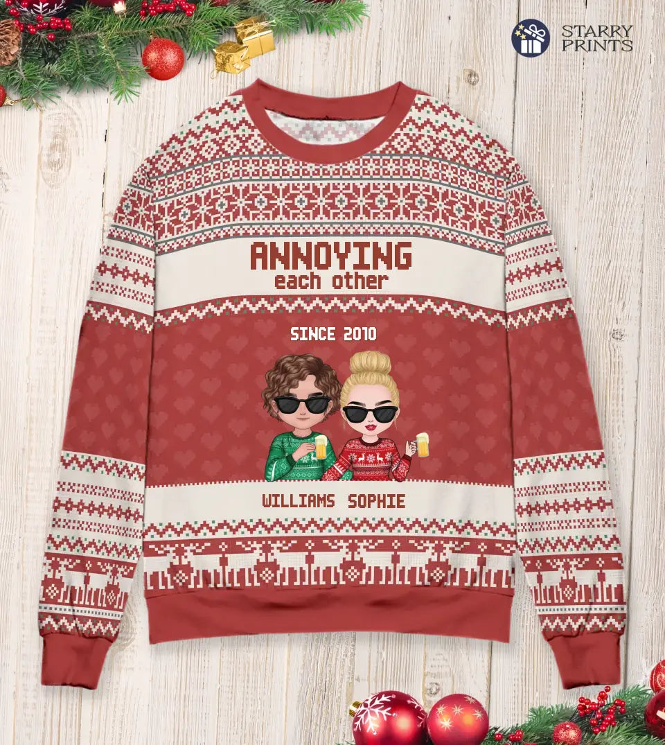 Annoying Each Other Since - Personalized Custom Unisex Red Ugly Christmas Sweatshirt For Couple Anniversary