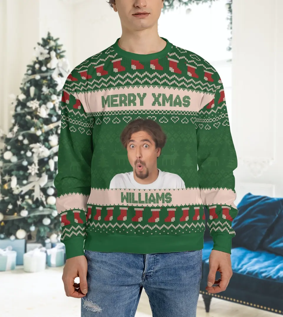 Green Ugly Christmas Sweatshirt with a customizable funny face photo, featuring festive decorations