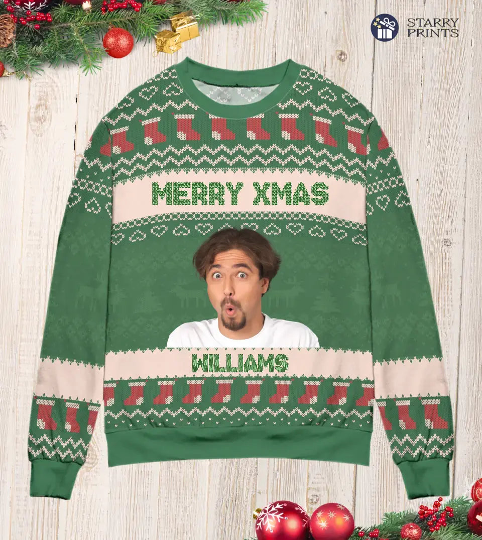 Green Ugly Christmas Sweatshirt with a customizable funny face photo, featuring festive decorations