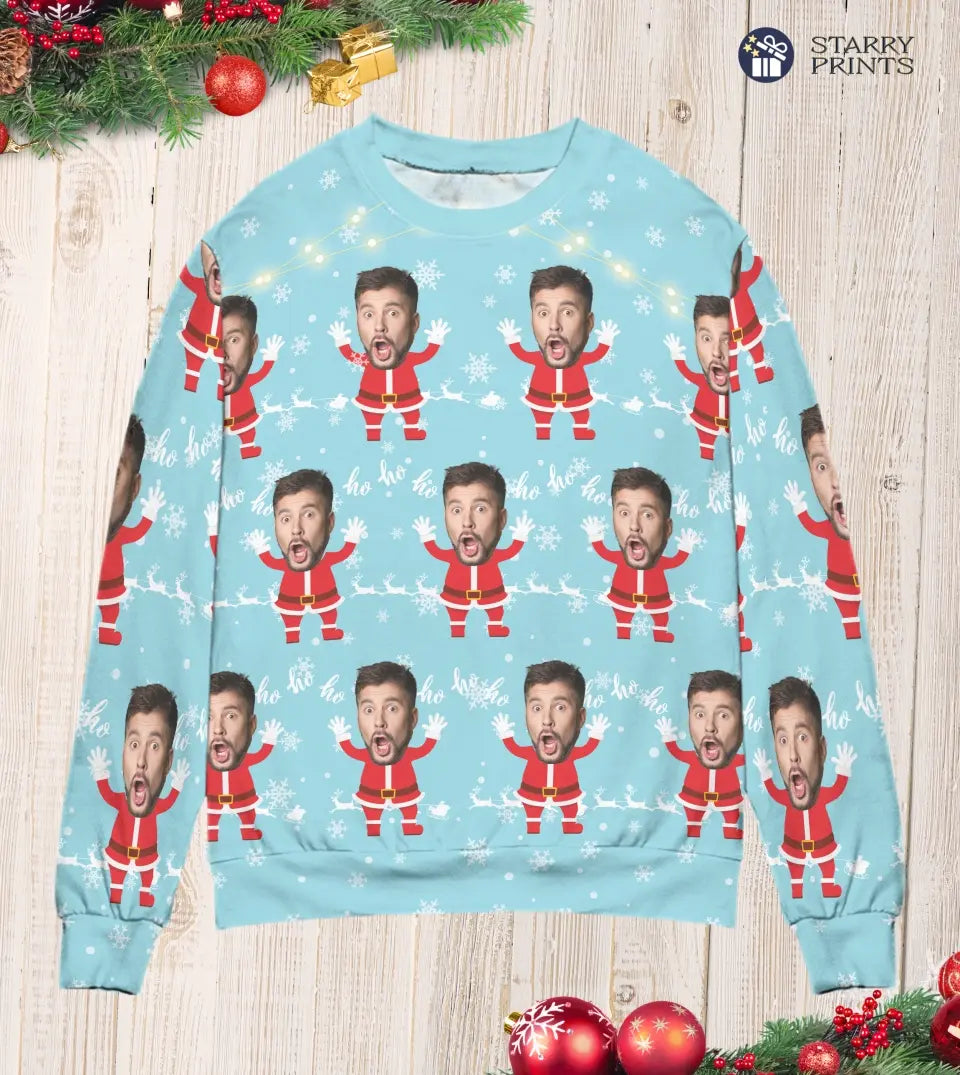 Funny Face Cutout Pattern Sweatshirt - Photo Custom Blue Ugly Christmas Sweatshirt - Christmas Party Family Outfit