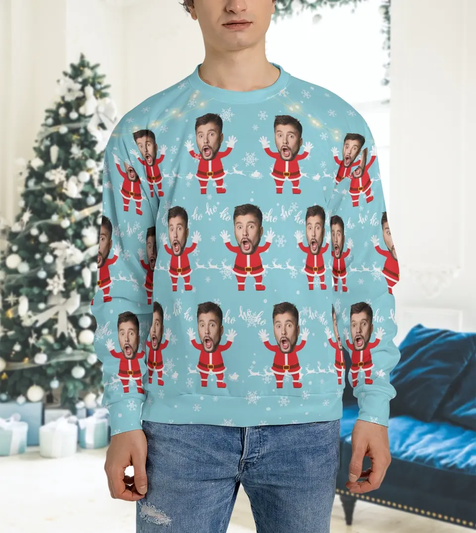 Funny Face Cutout Pattern Sweatshirt - Photo Custom Blue Ugly Christmas Sweatshirt - Christmas Party Family Outfit