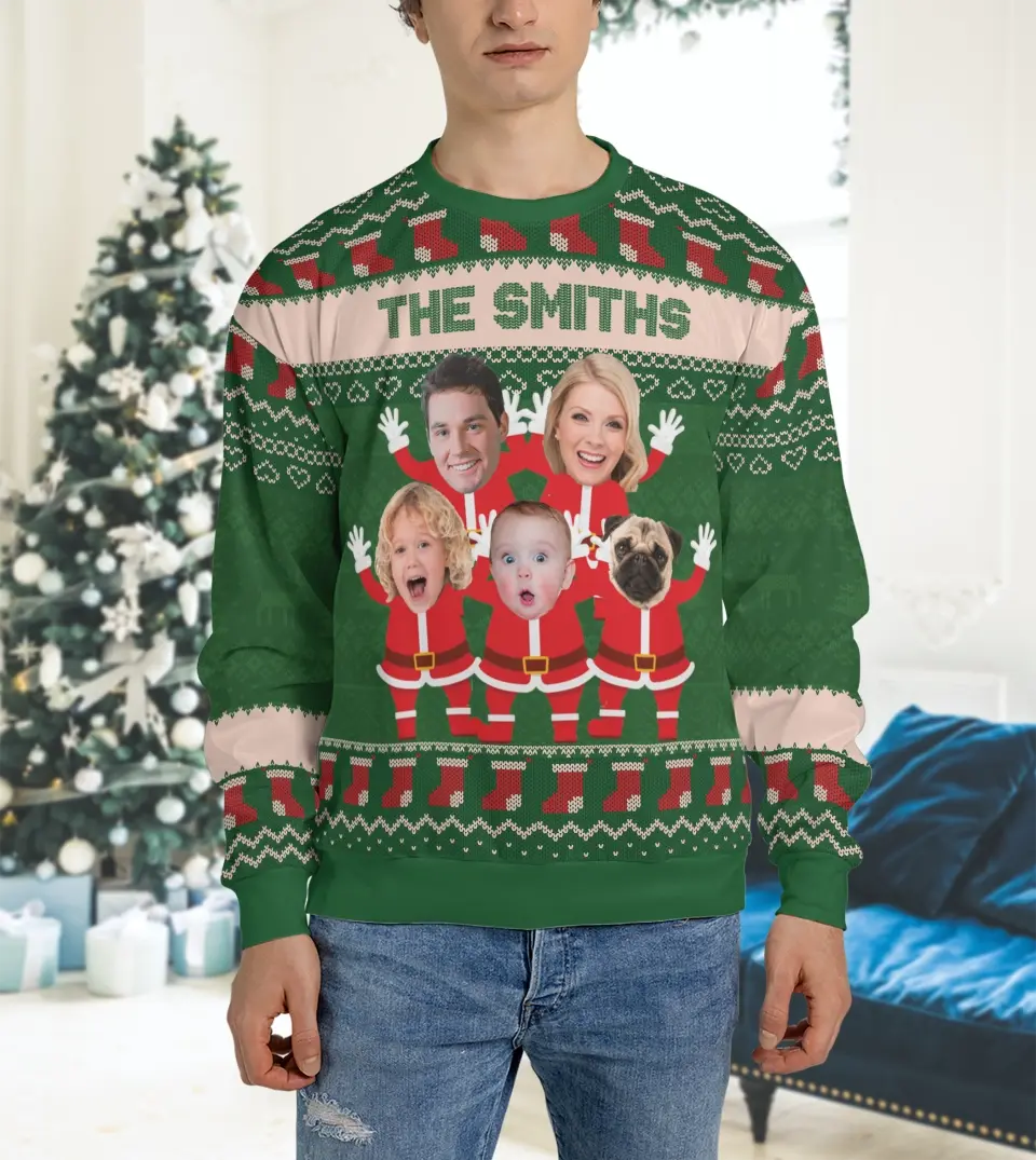 Custom green ugly Christmas sweatshirt featuring funny family face cutouts, perfect for holiday parties and festive gatherings