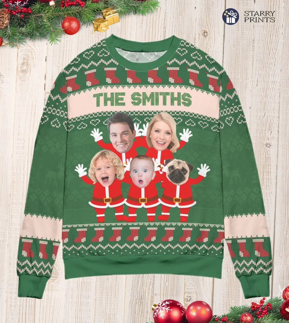 Custom green ugly Christmas sweatshirt featuring funny family face cutouts, perfect for holiday parties and festive gatherings