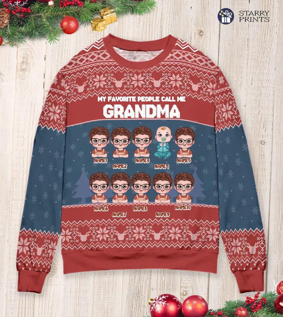 Custom red 'My Favorite People Call Me Grandma or Grandpa' ugly sweatshirt from StarryPrints, featuring personalized family names, ideal for a unique Christmas gift for grandparents.
