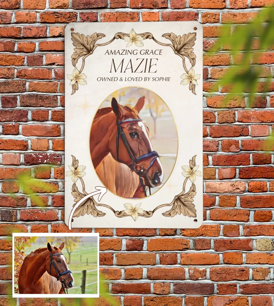 Personalized horse stall sign featuring a customer-uploaded photo transformed into an elegant painting-effect artwork by AI, showcasing the horse's name and elevating standard horse photos into sophisticated stall decor by Starry Prints.