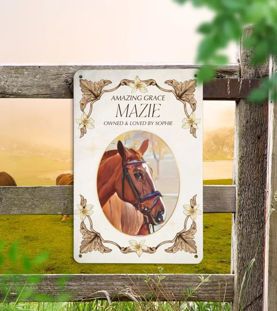 Personalized horse stall sign featuring a customer-uploaded photo transformed into an elegant painting-effect artwork by AI, showcasing the horse's name and elevating standard horse photos into sophisticated stall decor by Starry Prints.