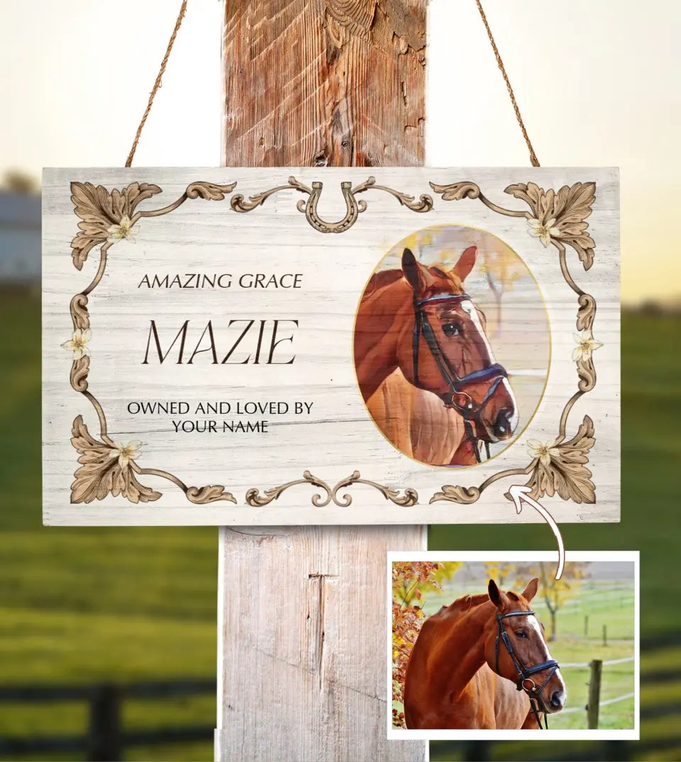 Custom Vintage Wooden Horse Stall Sign - Elegant Stable Sign with AI-Painted Photo - Personalized Equestrian Decor
