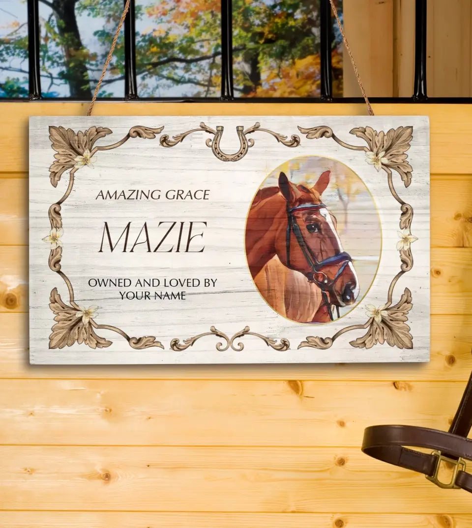 Custom Vintage Wooden Horse Stall Sign - Elegant Stable Sign with AI-Painted Photo - Personalized Equestrian Decor