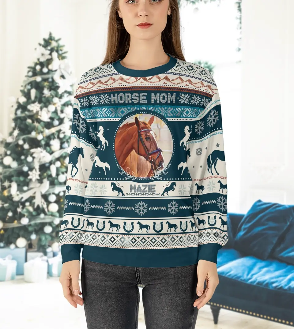 Personalized Horse Photo Custom Scandinavian-Style Ugly Sweatshirt - Custom Equestrian Winter Wear