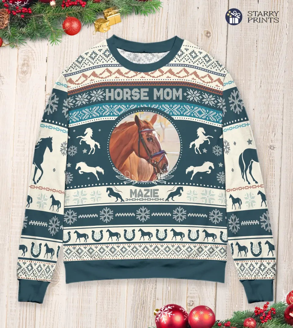 Personalized Horse Photo Custom Scandinavian-Style Ugly Sweatshirt - Custom Equestrian Winter Wear