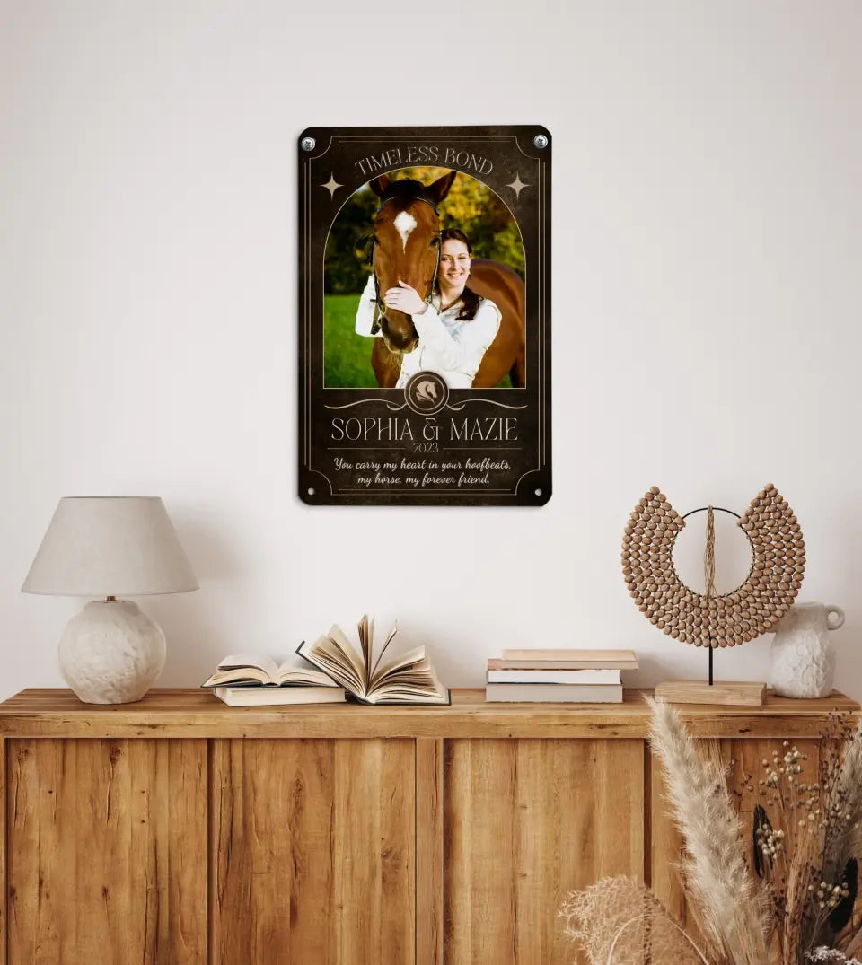 Customized photo metal plate featuring an owner hugging her horse, with 'Timeless Bond' inscription and personalized horse name and owner name - ideal for horse lovers' memorabilia.