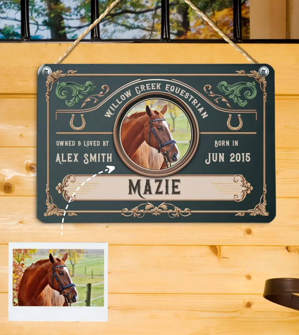Custom Horse Stall Name Plate - Personalized Equestrian Stable Sign with Photo - Vintage Elegant Equine Barn Plaque