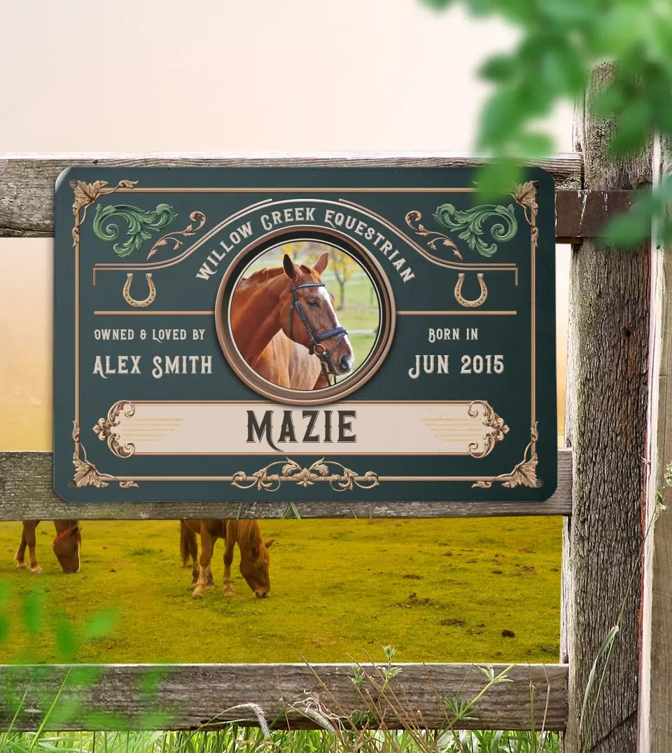 Custom Horse Stall Name Plate - Personalized Equestrian Stable Sign with Photo - Vintage Elegant Equine Barn Plaque