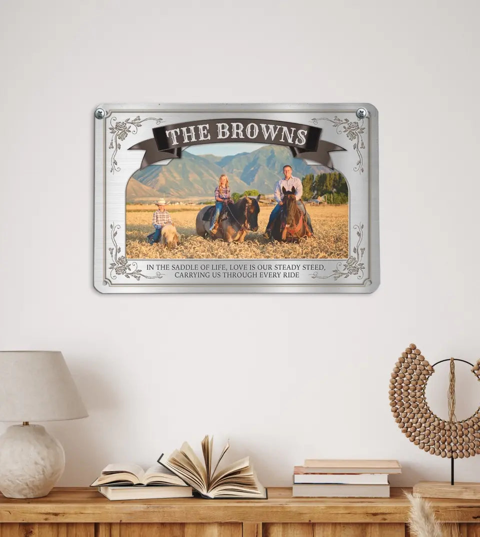 Custom Personalized Horse Family Photo Metal Wall Art for Ranch and Farm Décor with Family Name and Quote