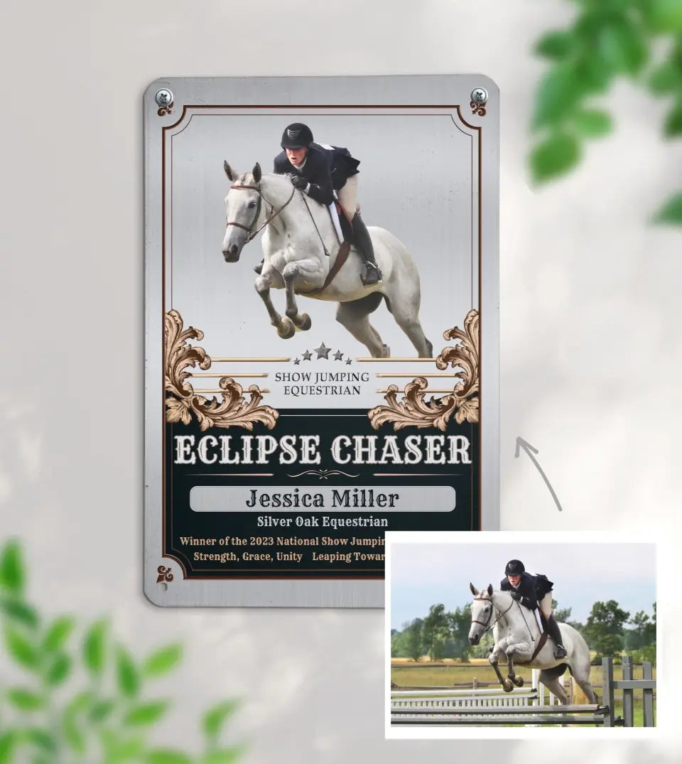 Custom Show Jumping Equestrian Sign - Personalized Metal Wall Decor capturing a horse and rider mid-jump, ideal for celebrating equestrian achievements