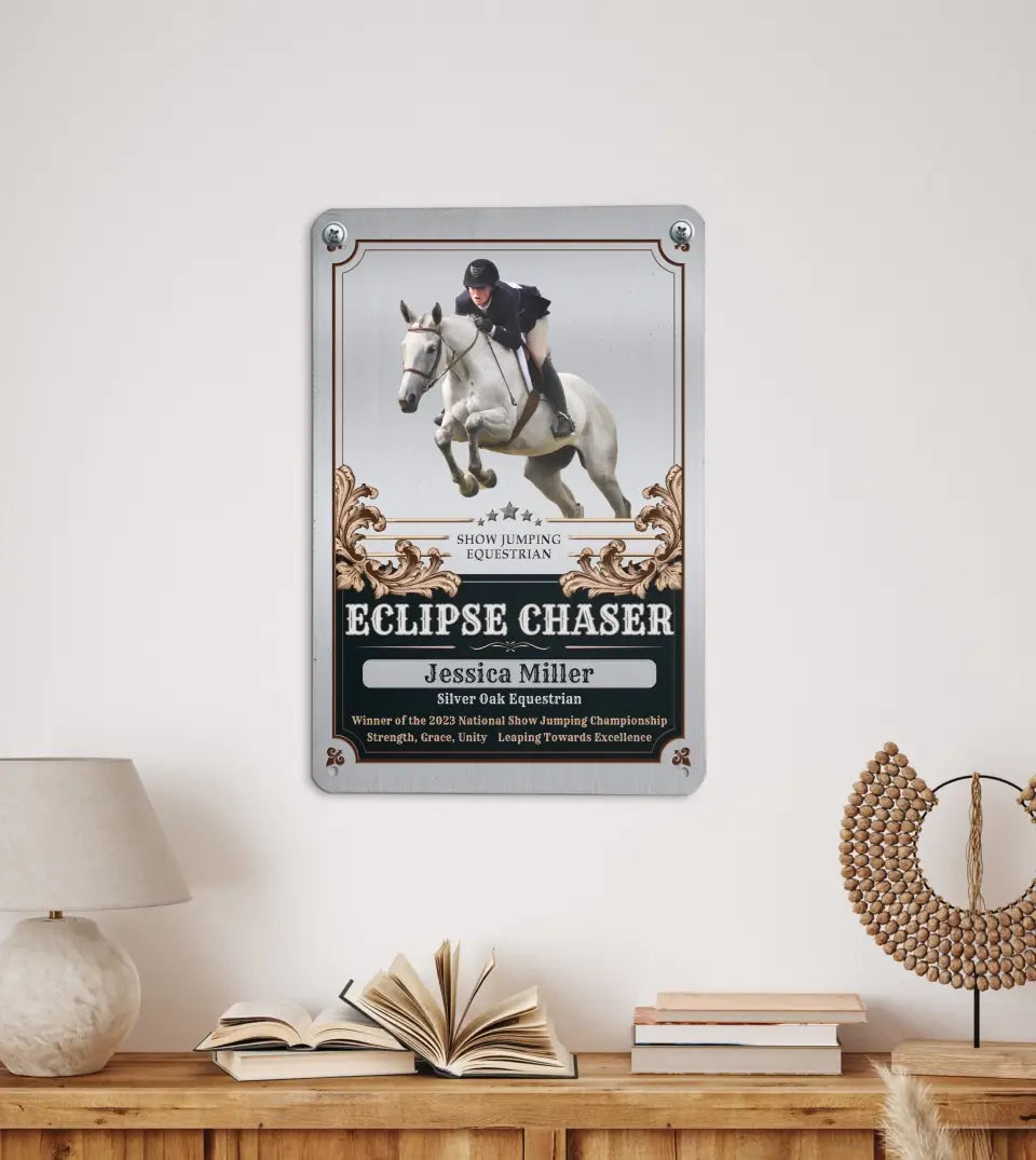 Custom Show Jumping Equestrian Sign - Personalized Metal Wall Decor capturing a horse and rider mid-jump, ideal for celebrating equestrian achievements