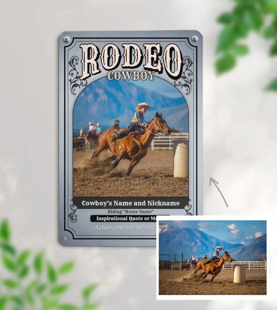 Customizable rodeo-themed metal sign, ideal for cowboy and cowgirl decor