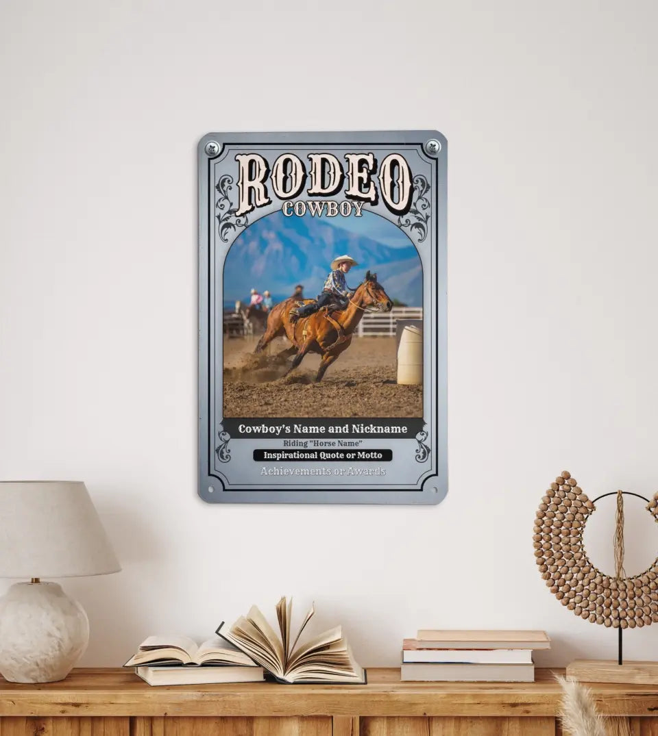 Customizable rodeo-themed metal sign, ideal for cowboy and cowgirl decor