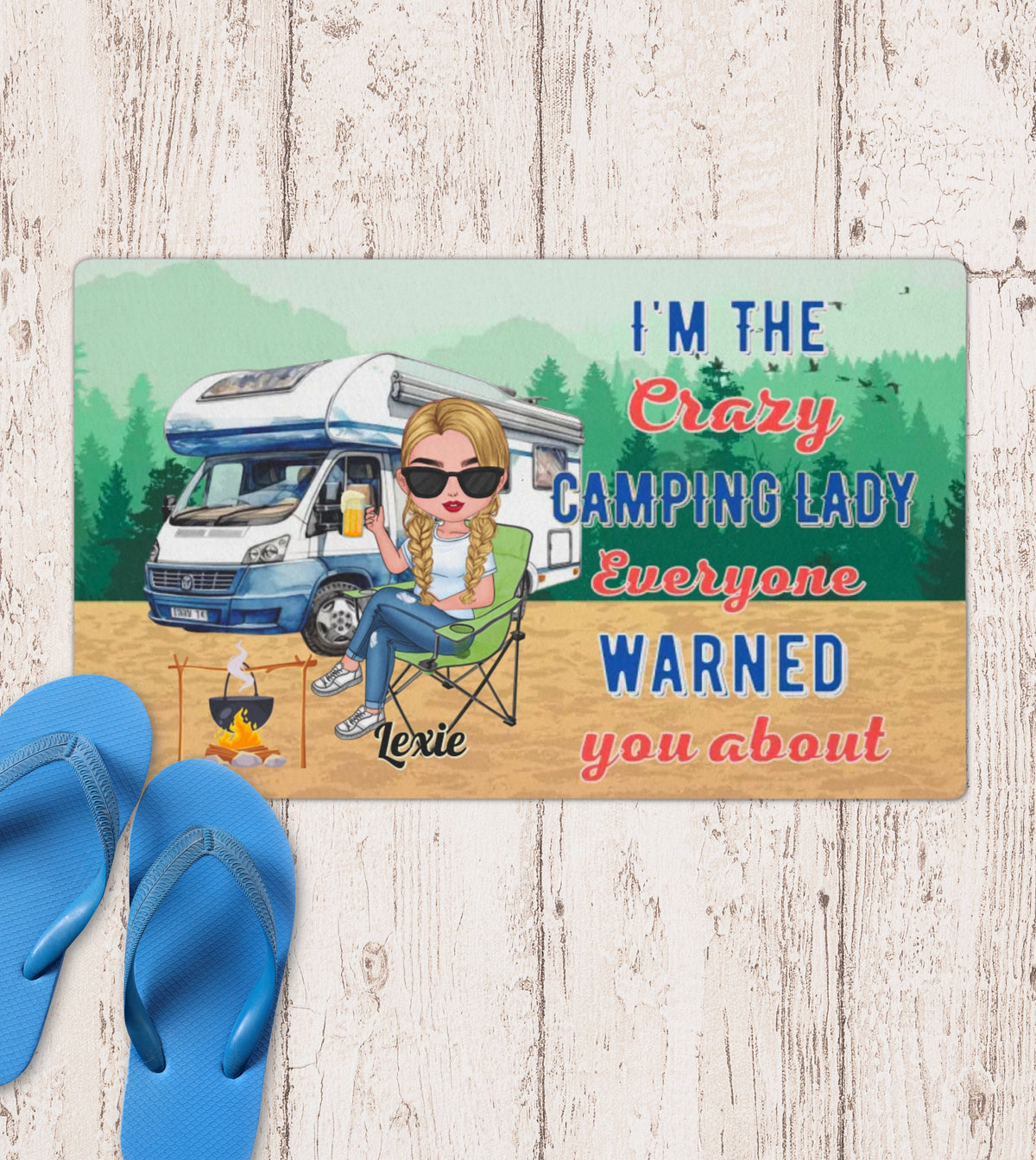 Personalized Camping Girl Doormat - A unique and durable floor mat featuring a camping design and personalized with a custom name. Ideal for outdoor enthusiasts and camping lovers
