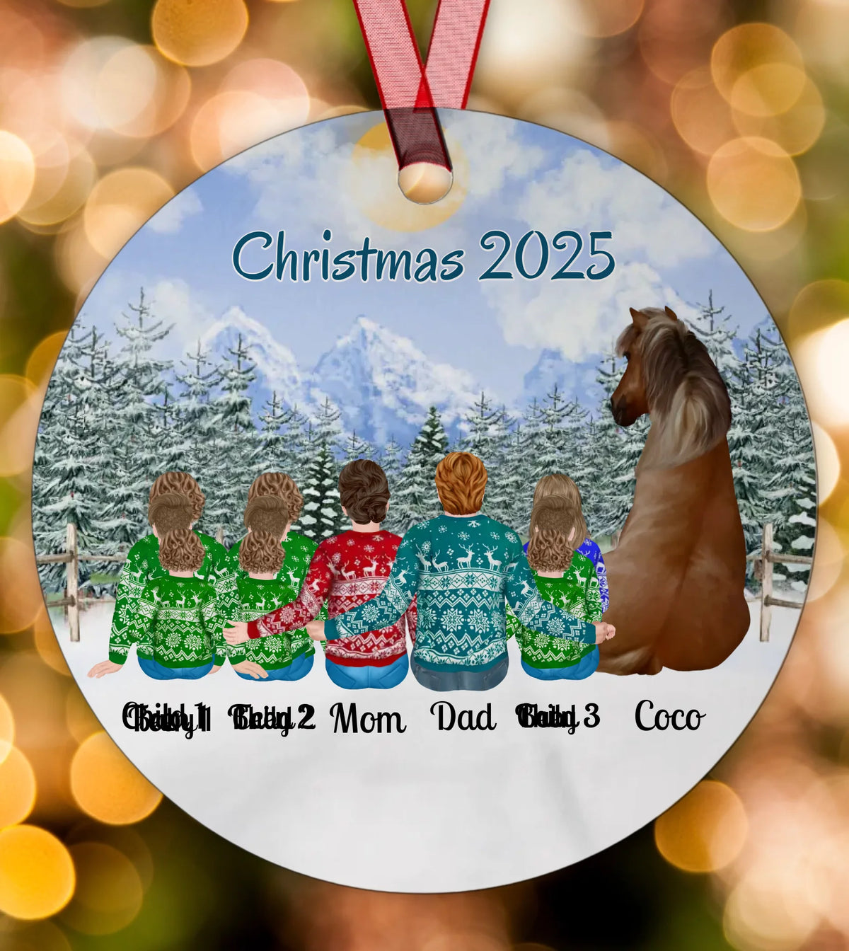 Family With Horse - Personalized Circle Metal Christmas Ornament