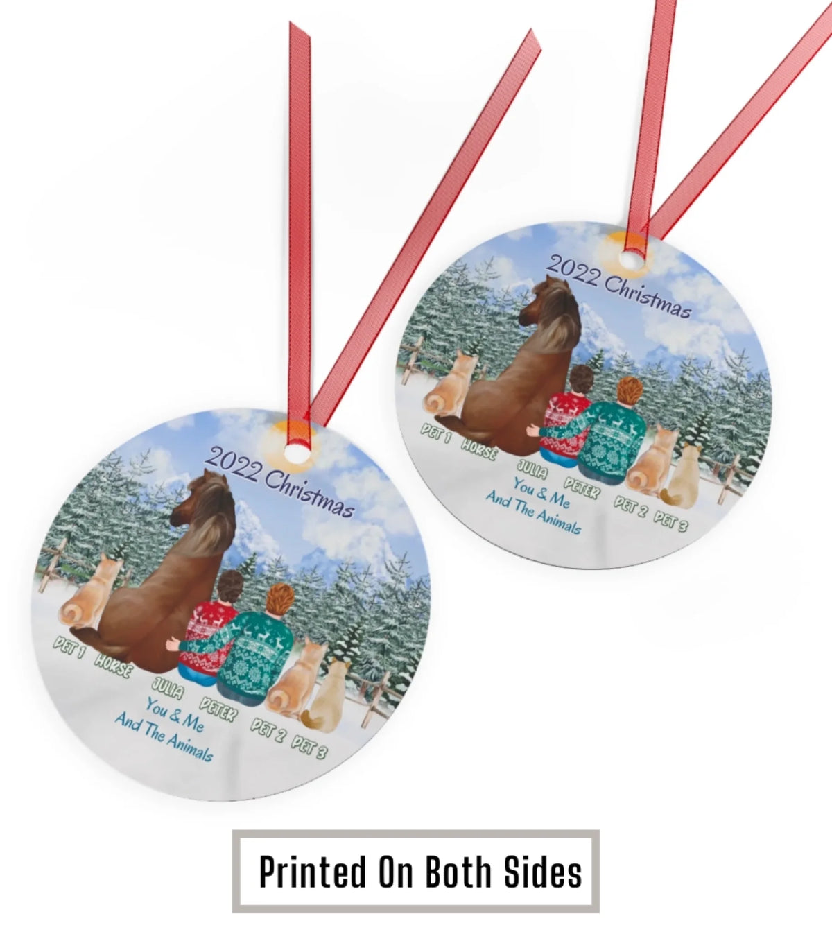 Custom Order - Horse Owner Couple With Pets - Personalized Circle Metal Ornament Christmas Gift