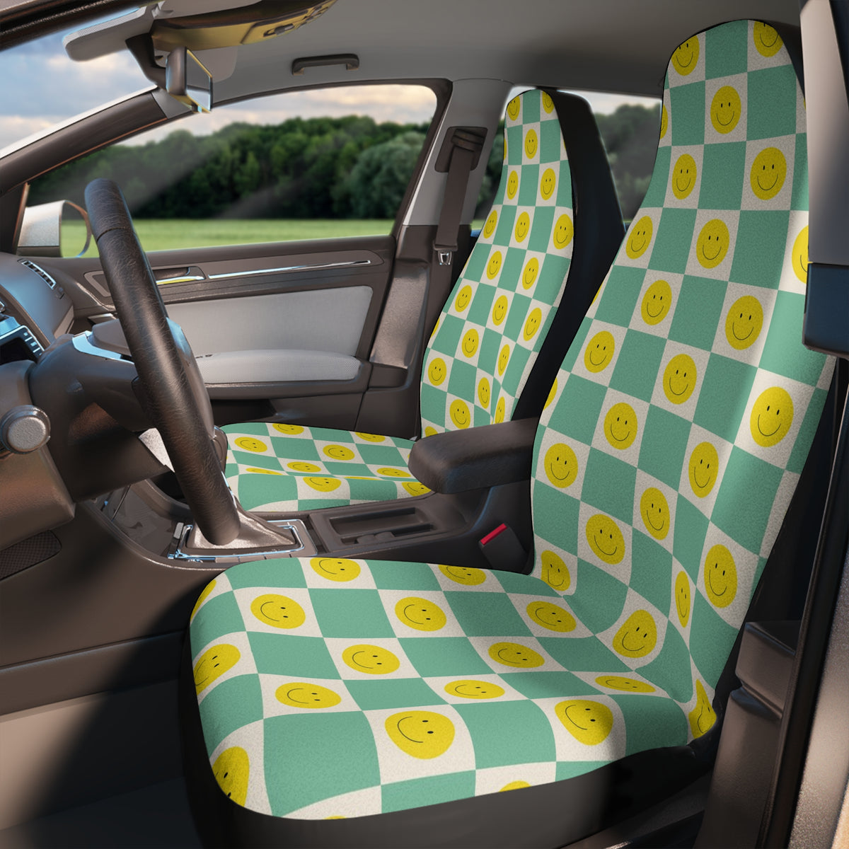 Y2K Smiley face Car Seat Covers Set of 2,Aesthetic Green Checkerboard Car Seat Cover,Y2K Retro Vintage car accessories,y2k car decoration
