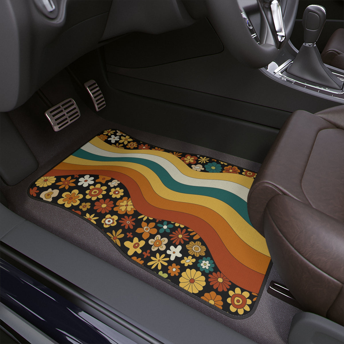 Boho Rainbow Car Floor Mats, Aesthetic Y2K Groovy Floral Car Floor Mats,Y2K Retro Car Accessories, Cute Car accessories for women