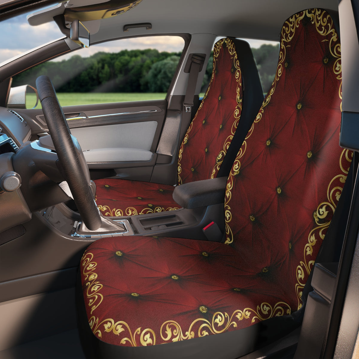 Luxury Royal Throne Car Seat Covers Set,Red Velvet Diamond Car Seat,Golden Frame Car Decor,Royal Queen Interior Decoration,Textured Car Seat