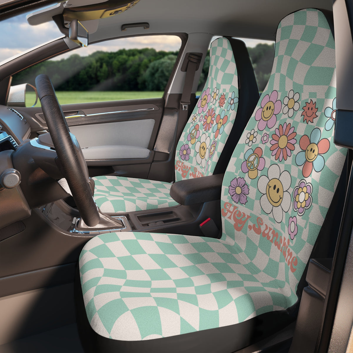 Groovy Pastel Green Heart Car Seat Covers Set,Y2k Checkered Flower Car Driver Seat Cover,Cute Girly Car Decor,Aesthetic Car Accessory Woman