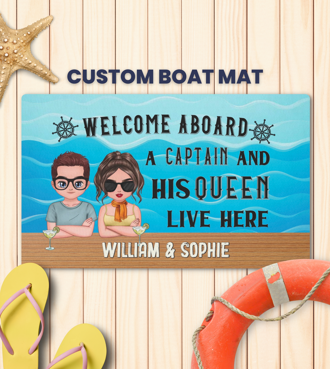 Customizable 'Welcome Aboard A Captain And His Queen Live Here' doormat featuring personalized chibi characters. Ideal for yacht, boat, pontoon, ship, or cruise owners, this unique maritime-themed doormat, available in multiple colors, adds a fun and charming touch to your seafaring lifestyle. Perfect as a gift for seafaring couples or new boat owners, this durable, heat-resistant mat is a stylish addition to any maritime decor, sold by StarryPrints
