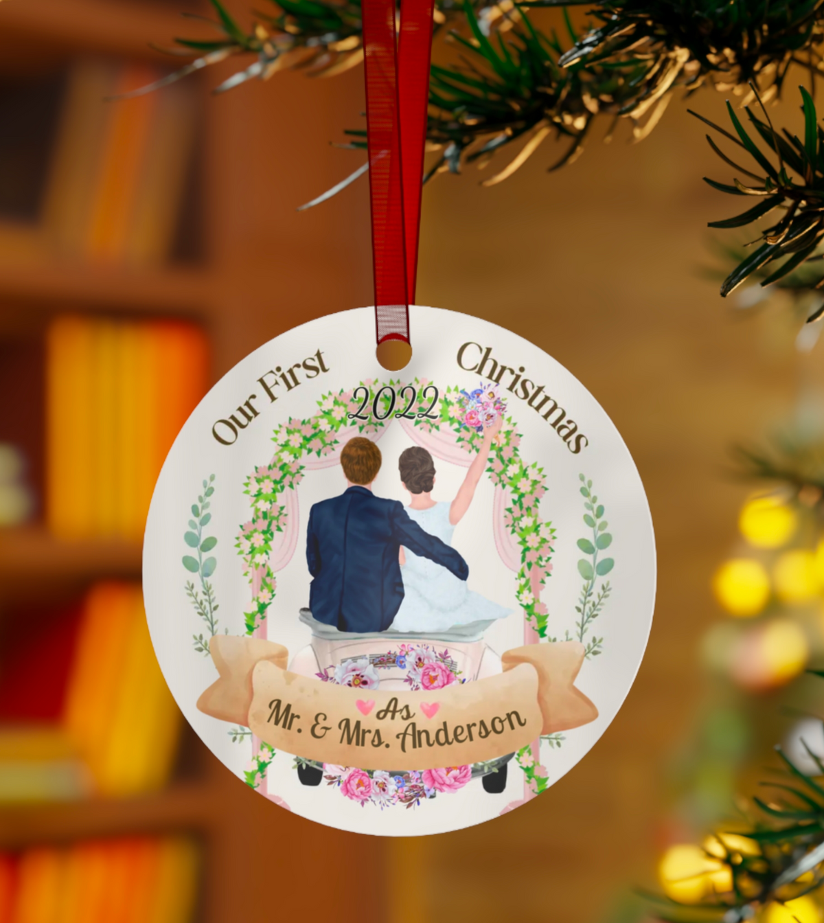 First Christmas Married 2022 - Personalized Circle Metal Ornament