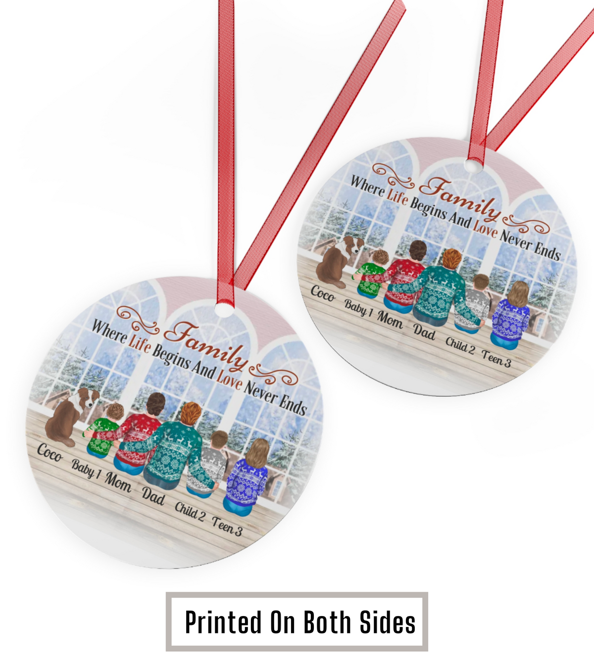 Family with Dog - Life Begins and Love Never Ends- Personalized Circle Metal Ornament Christmas Gift