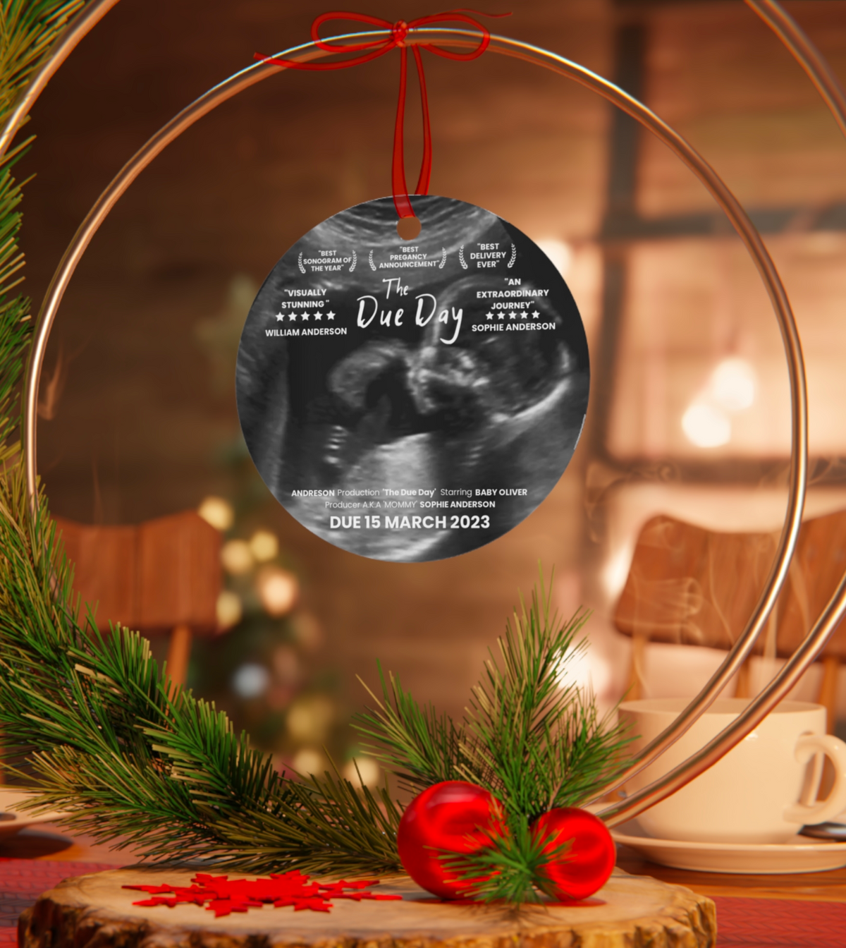 Pregnancy Announcement Movie Poster Style- Personalized Circle Metal Ornament -Christmas Gift