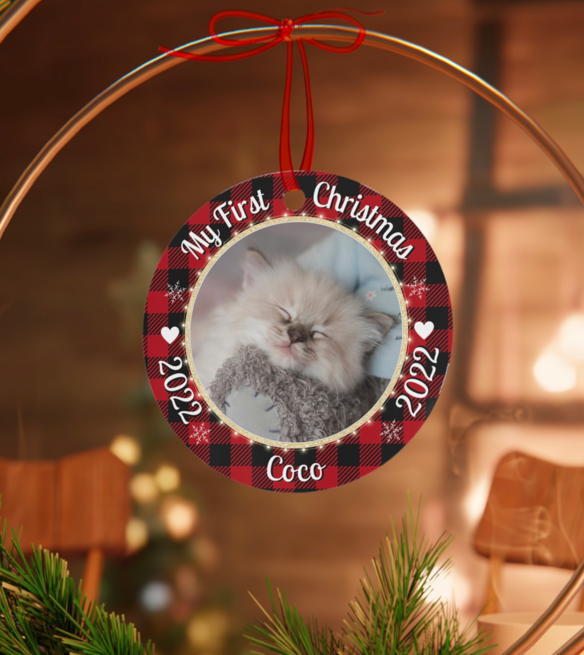 Pet's First Christmas 2022 - Upload Photo Personalized Circle Metal Ornament For Pet Owners - Christmas Gift