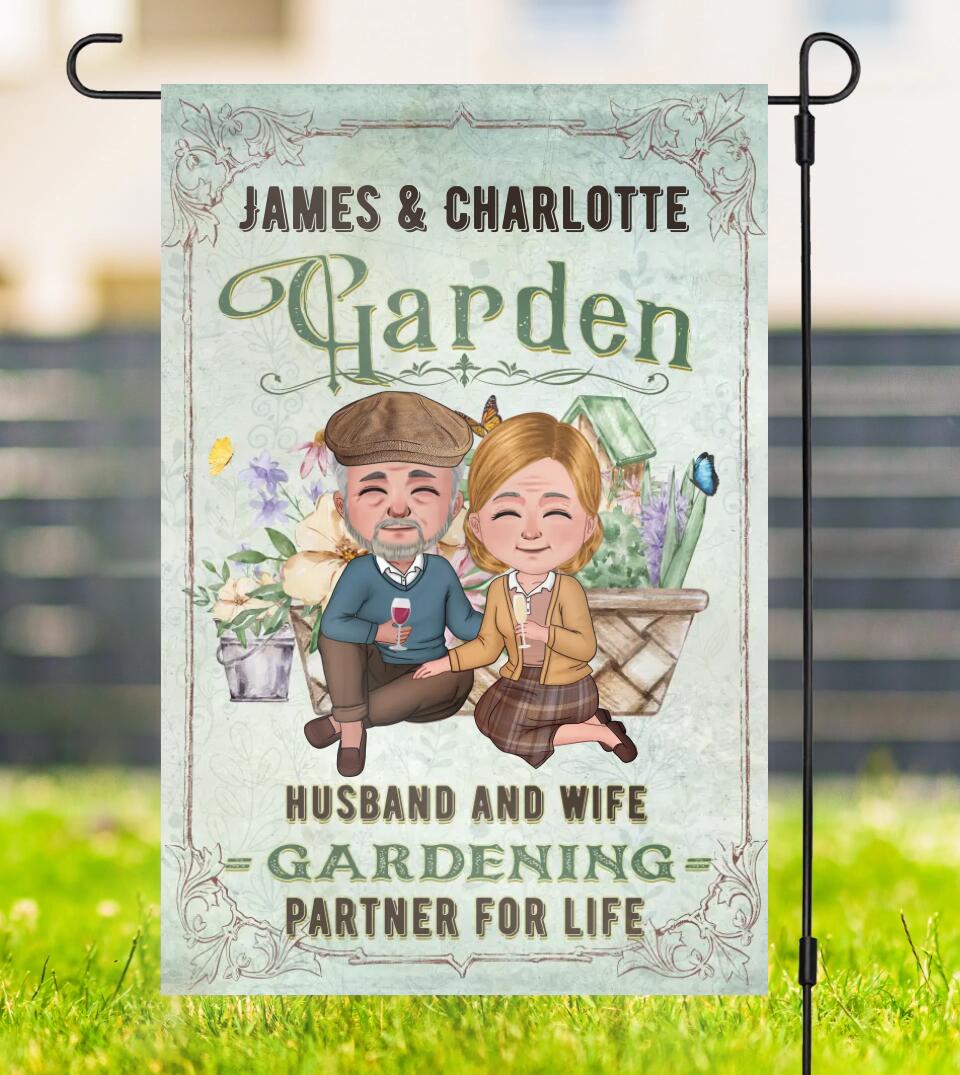 Chibi Senior Couple Gardening Partner For Life - Personalized Custom Classic Garden Flag