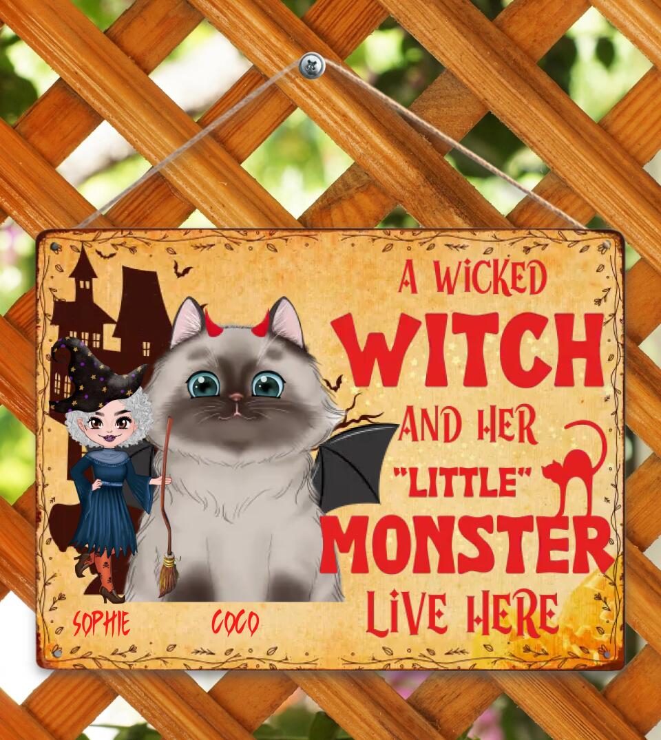 A Wicked Witch and Her Little Monster - Cats Halloween- Funny Personalized Custom Metal Sign