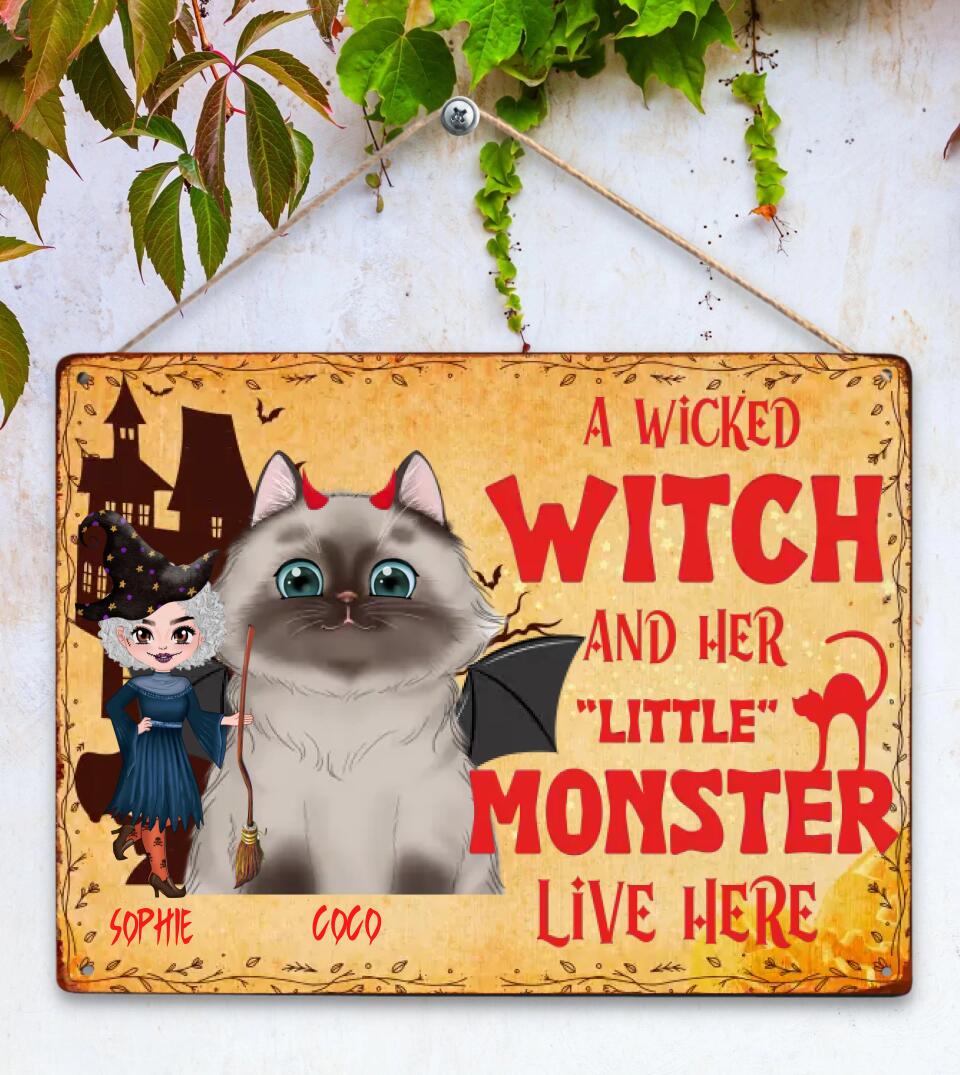 A Wicked Witch and Her Little Monster - Cats Halloween- Funny Personalized Custom Metal Sign