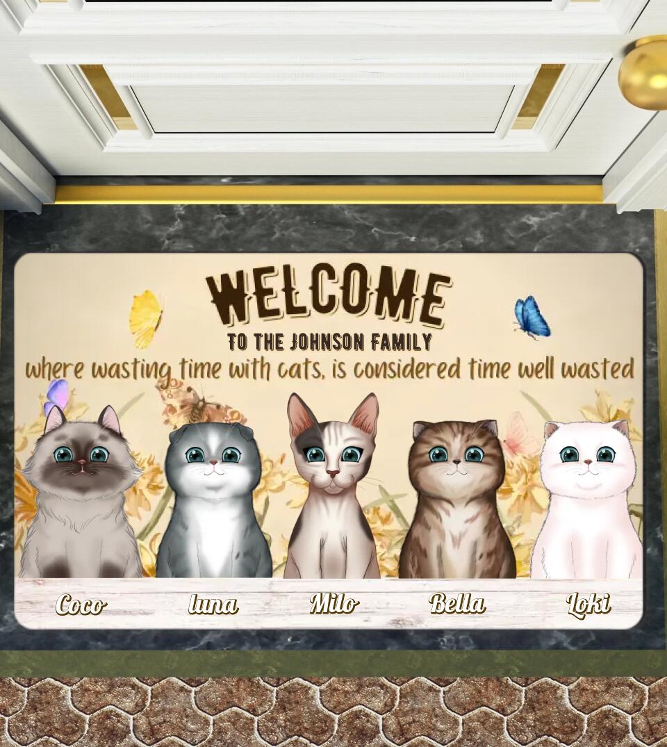 Time Wasted With Cats Is Considered Time Well Wasted - Multi Cat Family Personalized Custom Doormat, Gift for Cat Lovers