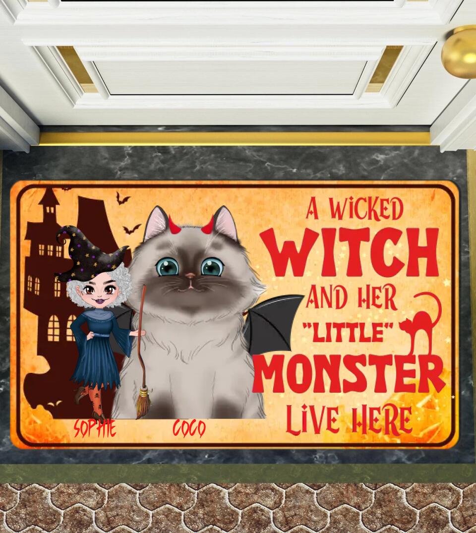 A Wicked Witch and Her Little Monster - Cats Halloween- Funny Personalized Custom Doormat