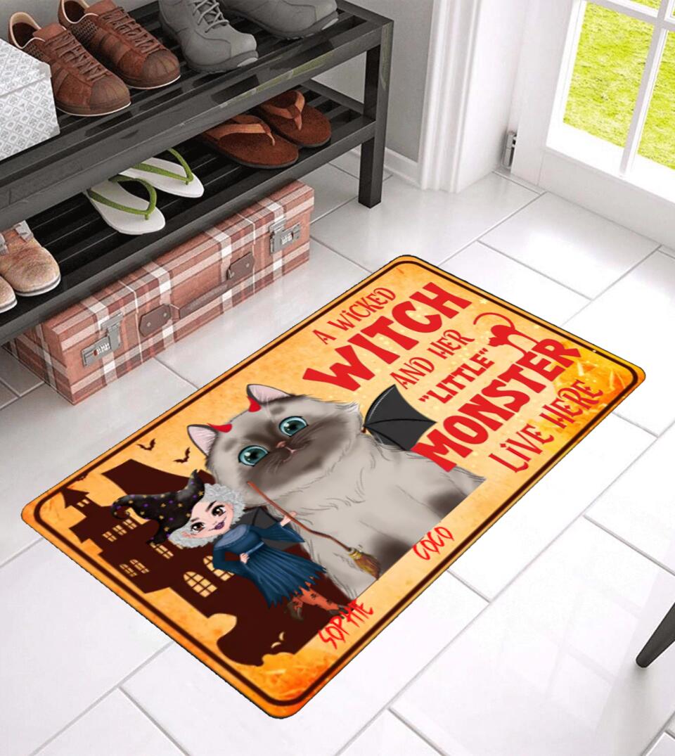 A Wicked Witch and Her Little Monster - Cats Halloween- Funny Personalized Custom Doormat