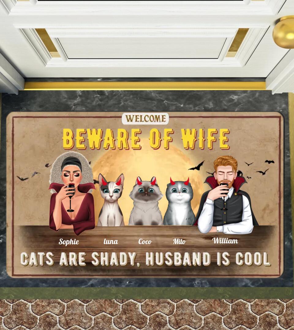 Cat Family Beware of wife cats are shady husband is cool - Personalized Door Mat - Gift For Cat Lovers, Husband Wife, Halloween Gift