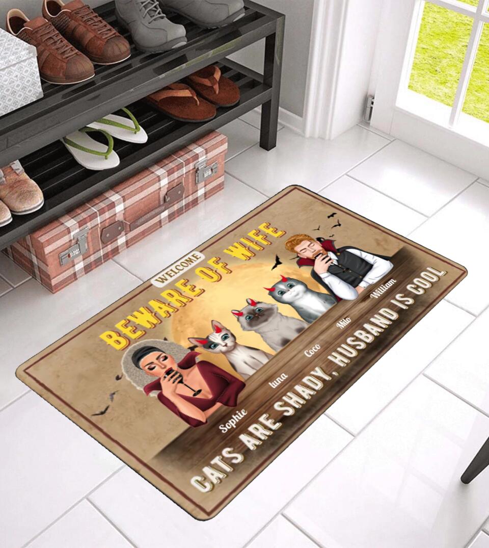 Cat Family Beware of wife cats are shady husband is cool - Personalized Door Mat - Gift For Cat Lovers, Husband Wife, Halloween Gift
