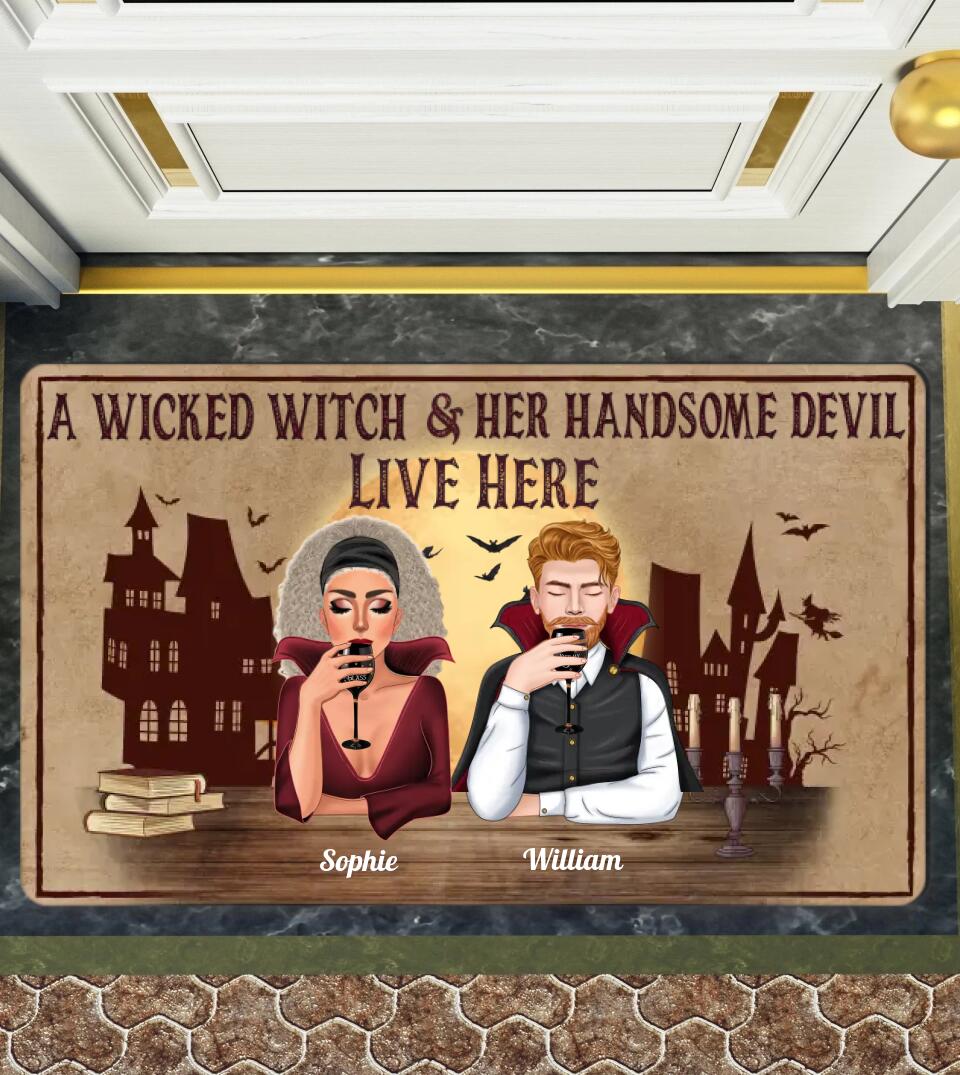 A Wicked Witch & Her Handsome Devil Live Here - Personalized Doormat - Gift For Couple, Husband Wife, Halloween Gift