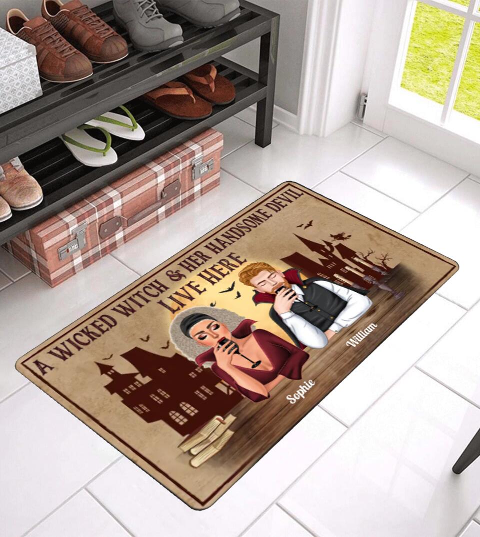 A Wicked Witch & Her Handsome Devil Live Here - Personalized Doormat - Gift For Couple, Husband Wife, Halloween Gift